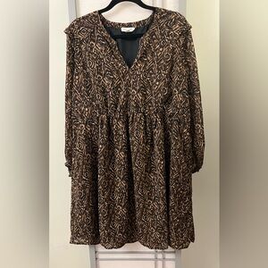 Beach Lunch Lounge XXL Dress Women's Brown Print Long Sleeve Lightweight Resort